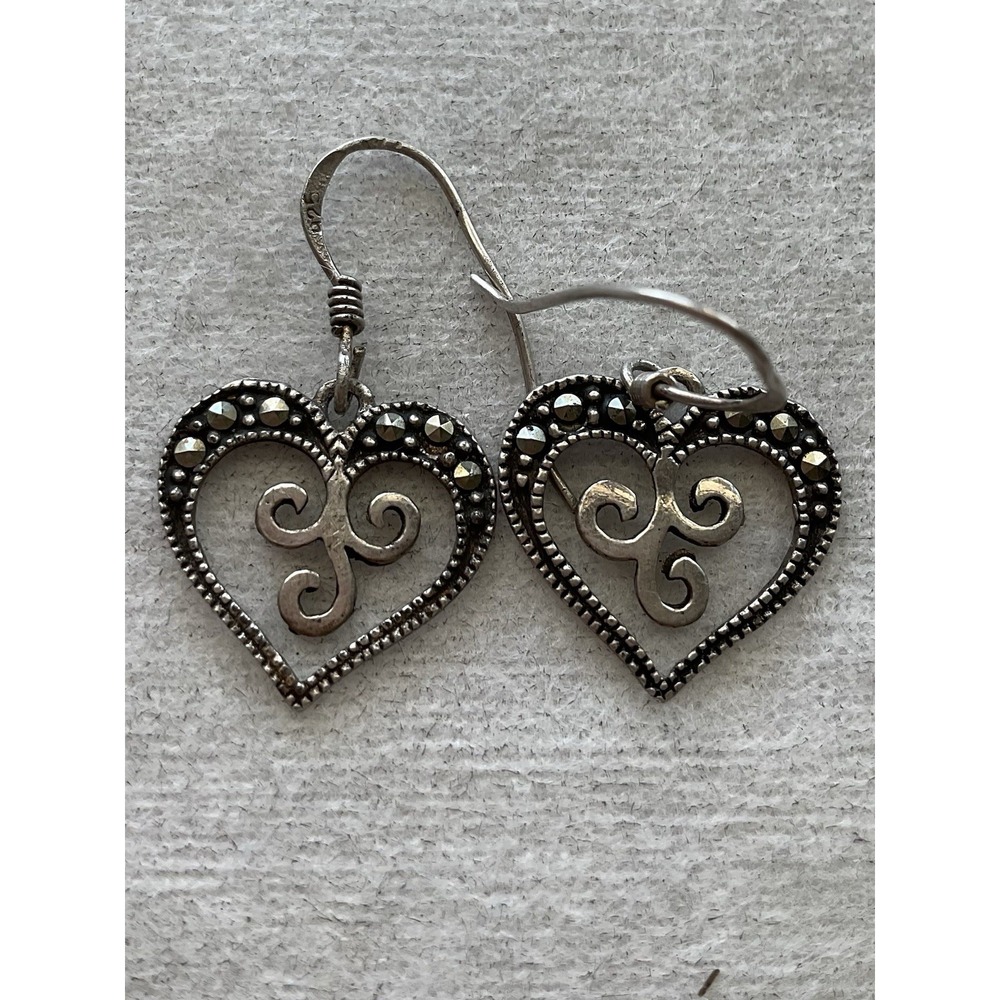 Vintage 925 sterling silver heart dangle earrings Openwork Scroll Marcasite
